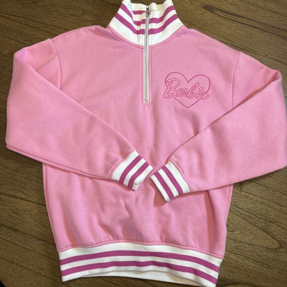 Barbie Sweatshirt Womens Size S Pink White Logo Barbie Movie Quarter Zip - Picture 9 of 9